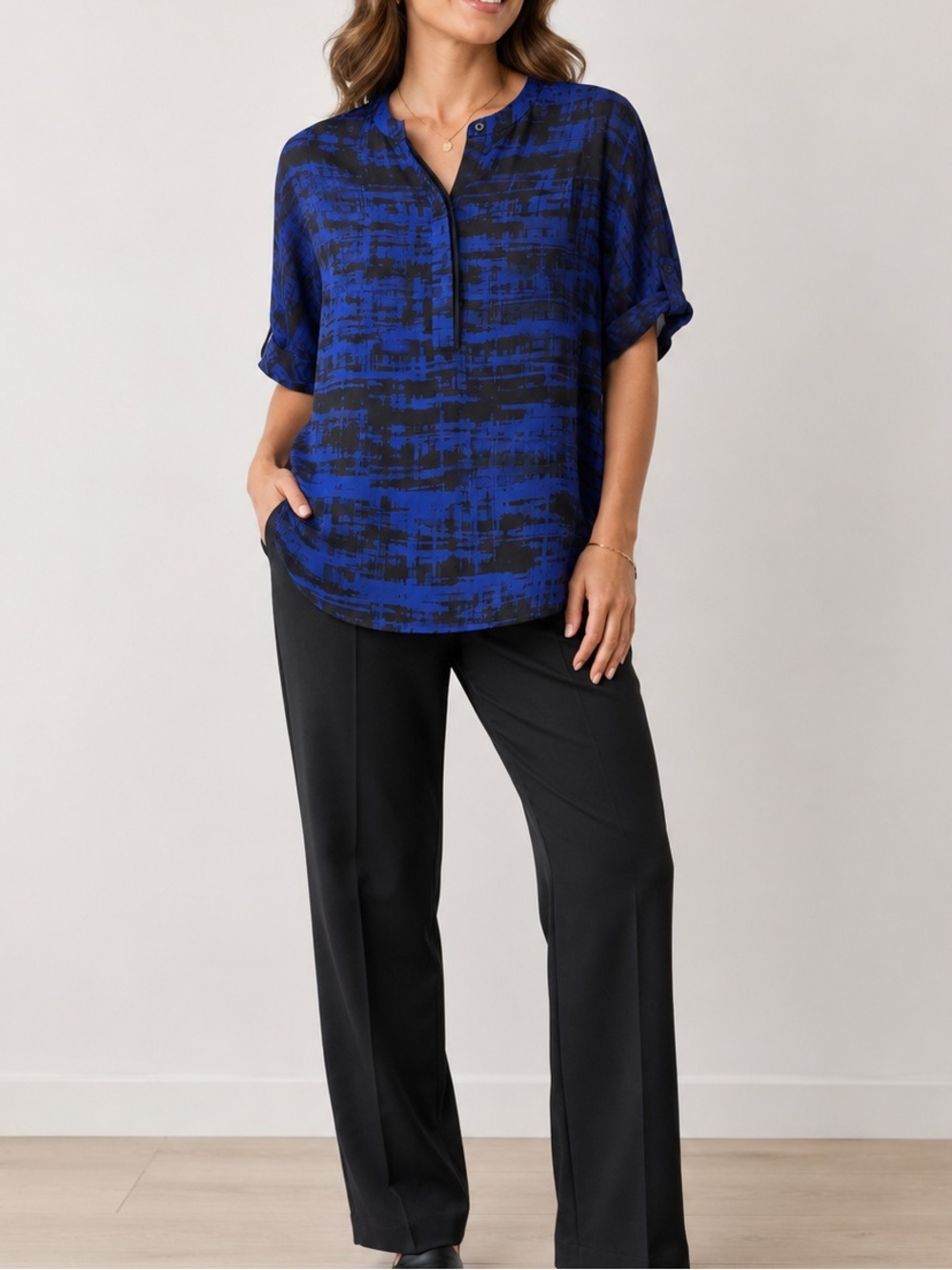 Vince Silk Blue and Black Abstract Print Quarter Button Blouse - Size M